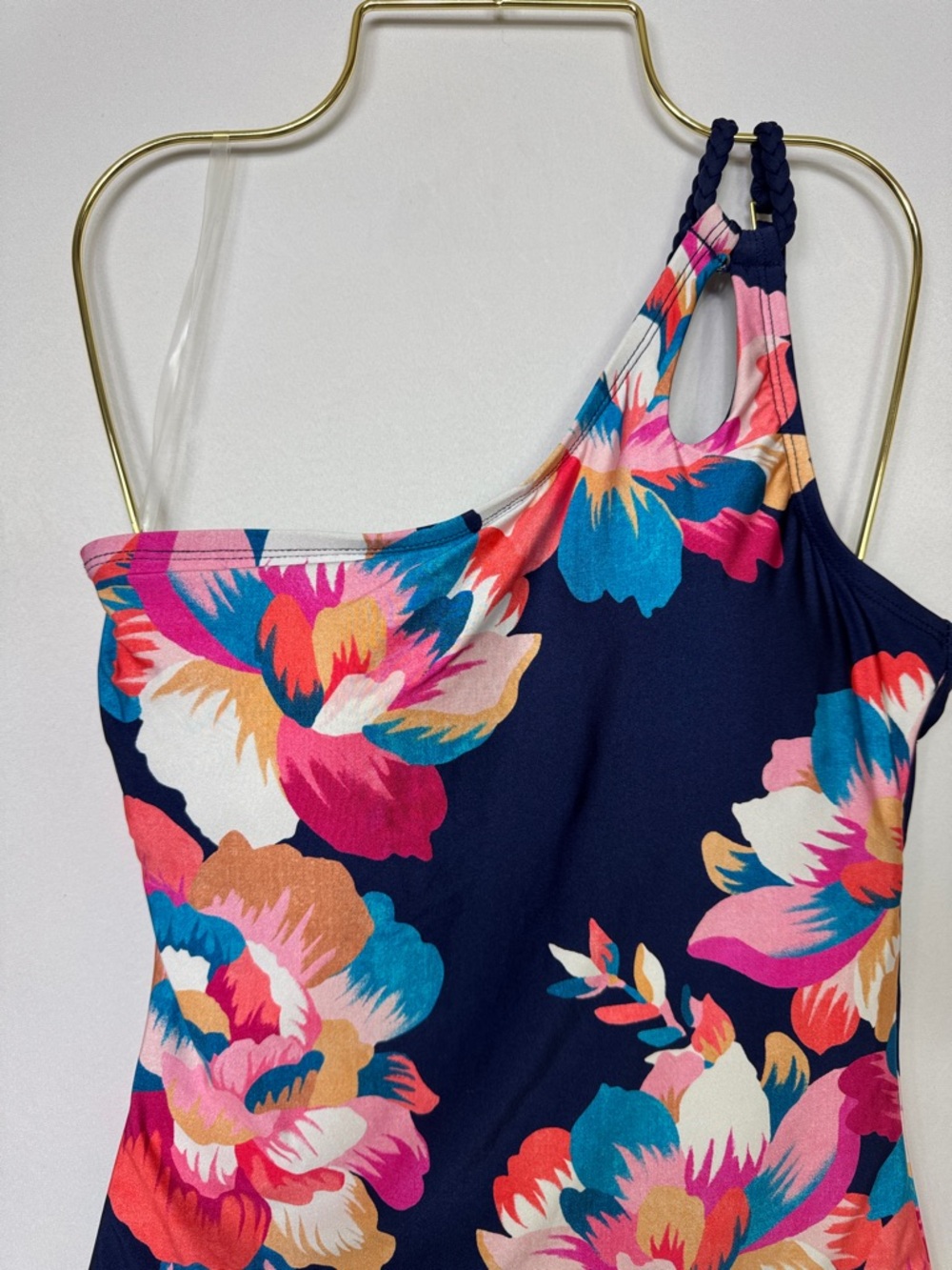 La Blanca Floral-print One-Shoulder Swimsuit Women’s Size 8 Navy Blue Pink White - Picture 5 of 13